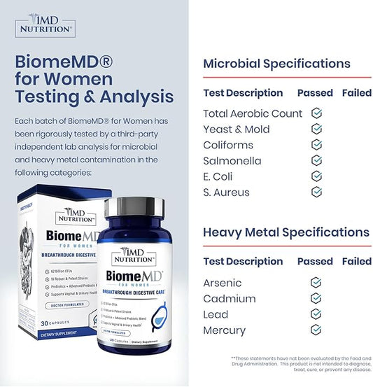 1MD Nutrition BiomeMD Probiotics for Women - 62 Billion CFUs, 16 Strains with Prebiotics | Supports Vaginal & Urinary Health - Doctor-Formulated | 30 Capsules (2-Pack)
