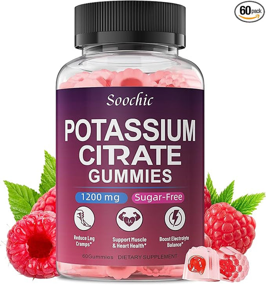 Potassium Citrate Gummies - 1200mg Chewable Potassium Supplement for Men & Women - Supports Leg Cramps & Muscle Health - Vegan, Gluten Free, Sugar Free - Raspberry Flavor (60 Count)