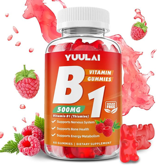 Vitamin B1 Gummies 500mg for Adults & Kids, Thiamine B1 Supplement with Magnesium, Vitamin B1 Supplement for Nervous System Supports & Boost Energy, Raspberry Flavor, 60 Count