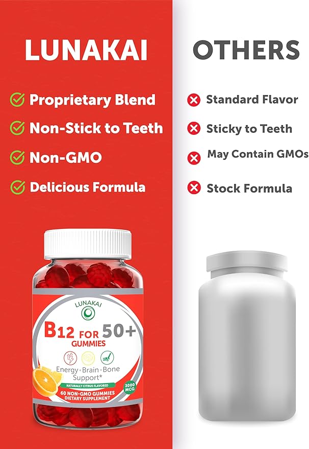 Lunakai USA Made Vitamin B12 Gummies for Adults 50+, Non-GMO B12 for Energy & Vitality Boost, Delicious Orange Flavor, 60ct