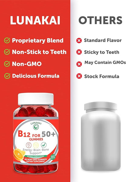 Lunakai USA Made Vitamin B12 Gummies for Adults 50+, Non-GMO B12 for Energy & Vitality Boost, Delicious Orange Flavor, 60ct