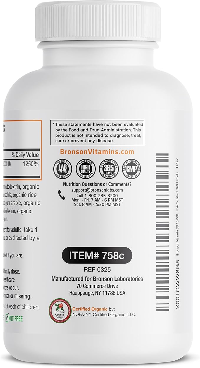 Bronson Vitamin D3 10,000 IU (250 mcg) Certified Organic High Potency Non-GMO Vitamin D Supplement, 360 Tablets