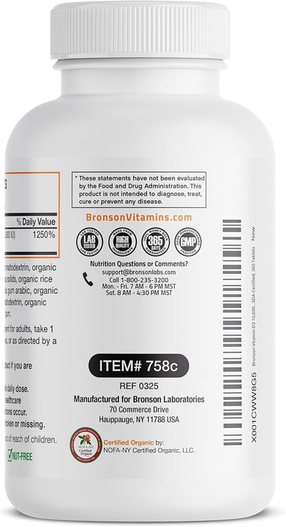 Bronson Vitamin D3 10,000 IU (250 mcg) Certified Organic High Potency Non-GMO Vitamin D Supplement, 360 Tablets