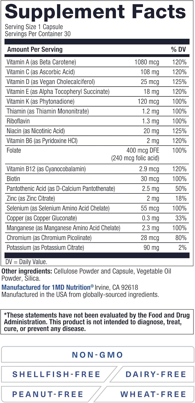 1MD Nutrition MultiVitMD Daily Multivitamin – 19 Essential Vitamins & Minerals for Adults Over 55 | Supports Healthy Aging, Heart, Brain, Bone, & Immune Health | Designed for Absorption | 30 Capsules
