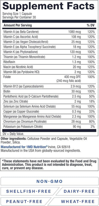 1MD Nutrition MultiVitMD Daily Multivitamin – 19 Essential Vitamins & Minerals for Adults Over 55 | Supports Healthy Aging, Heart, Brain, Bone, & Immune Health | Designed for Absorption | 30 Capsules