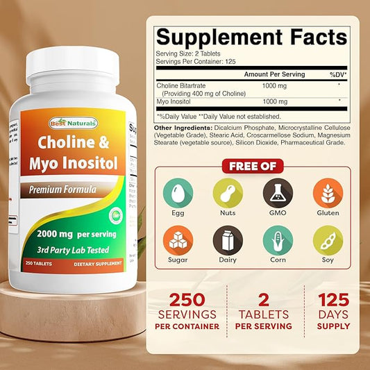 Best Naturals Choline Inositol (Myo Inositol) 2000 mg Per Serving 250 Tablets - Non-GMO, Gluten Free, Made in The USA
