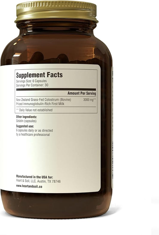 HEART & SOIL Bovine Colostrum – 3000mg Grass Fed Colostrum Supplement for Gut, Immune Support & Muscle Recovery – Non-GMO, Allergen-Free – 180 Capsules