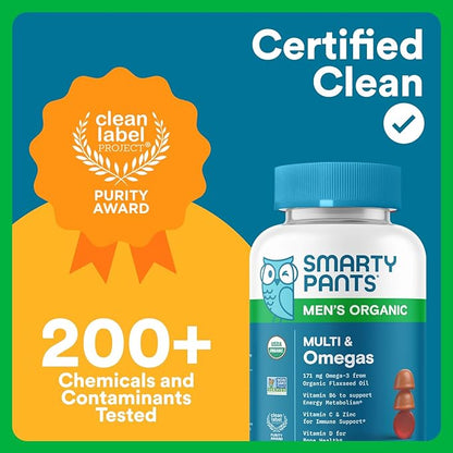SmartyPants Multivitamin for Men, Organic Gummies: Methylfolate, Omega 3 (ALA), Vitamin D3, C, Vitamin B12, B6, A, K & Zinc for Immune Support, Biotin, Vegetarian, 120 Gummies (30 Day Supply)