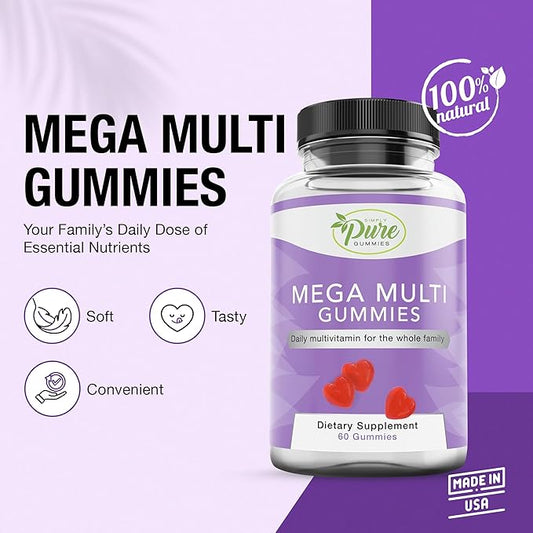 Pure By Nature Mega Multi Gummies, Multivitamin Gummies for Women & Men, Kids Multivitamin Gummies with A, D2, C, E, K, Biotin, Folic Acid, Natural Flavored, 60 Count
