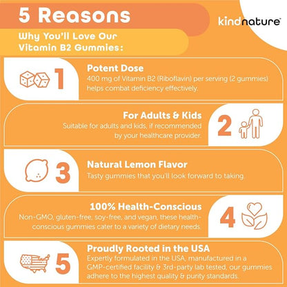 kindnature Vitamin B2 Gummies - Riboflavin 400mg Supplement for Kids & Adults - Non-GMO, Soy & Gluten-Free, Vegan Chewable Gummies (30 Day Supply)