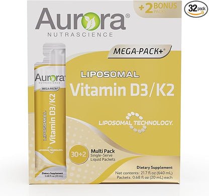 Aurora Nutrascience, Mega-Liposomal Vitamin D3/K2+ with Vitamin C, Organic Fruit Flavor, Gluten Free, Non-GMO, 32 Single Serve Packets, 21.7 oz (640 mL)