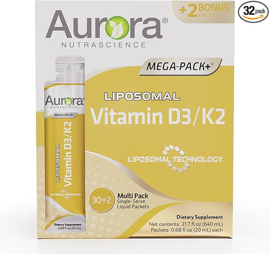 Aurora Nutrascience, Mega-Liposomal Vitamin D3/K2+ with Vitamin C, Organic Fruit Flavor, Gluten Free, Non-GMO, 32 Single Serve Packets, 21.7 oz (640 mL)