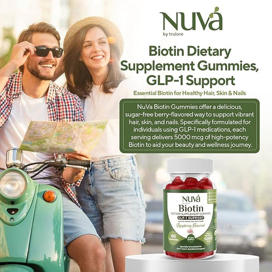 NuVa by Trulore Biotin Gummies 5000 mcg | GLP-1 Support for Hair Growth, Skin & Nails | Zero Sugar, Vegan Gummy Vitamins for Men & Women | Raspberry Flavor | 60 Gummies - 30 Day Supply