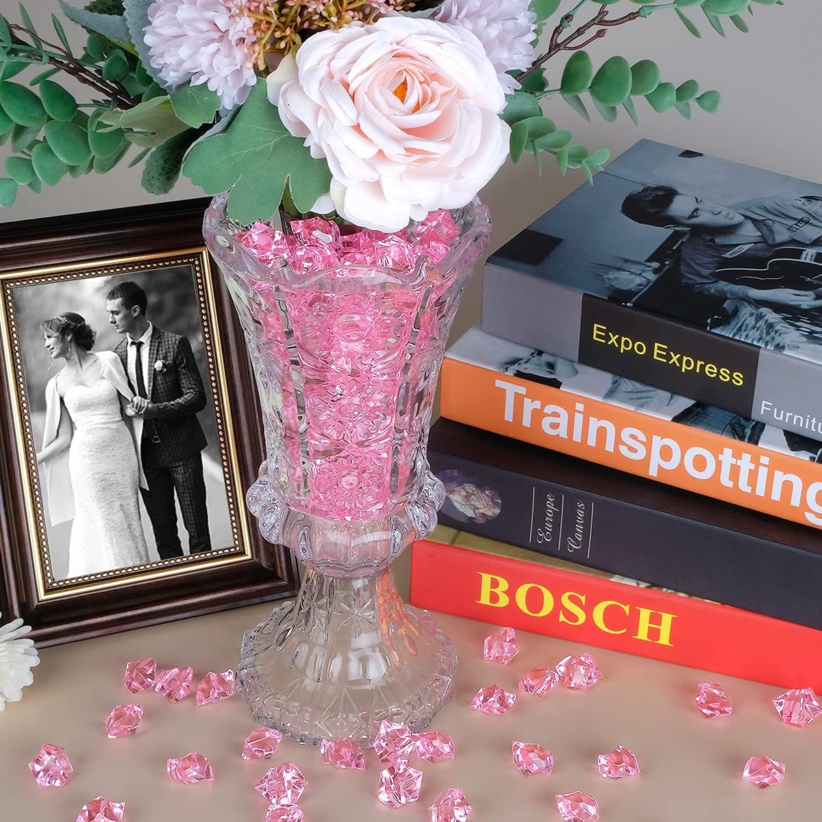 Babenest Acrylic Crushed Ice Rocks, 150 PCS Fake Crystals Plastic Ice Cubes Diamonds Gems for Vase Fillers, Home Decoration, Table Scatter, Event, Wedding, Arts & Crafts (Pink)