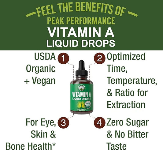 USDA Organic Vitamin A Liquid Drops Supplement. Vegan High Bioavailability for Eye, Skin, and Bone Health. for Adults, Men, Women, Kids. Organic VIT A Oil Retinyl Palmitate. Gluten Free, Zero Sugar