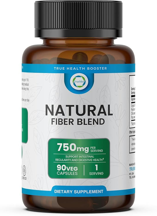 Natural Fiber Blend Supplement - Promotes Digestive Health, Cholesterol Balance, Cardiovascular Wellness - Psyllium Husk, Chia Seed, Flax Seed - 750mg Organic Fiber Blend