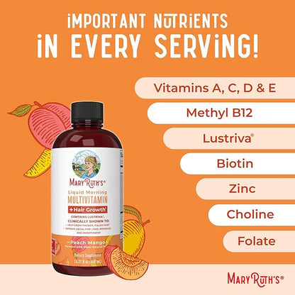 MaryRuth's Liquid Multivitamin + Hair Growth | Biotin 10000mcg | Lustriva Hair Growth Supplement | Clinically Tested in Women for Thicker Hair & Facial Wrinkles | Skin Care | Ages 18+ | 15.22 Fl Oz
