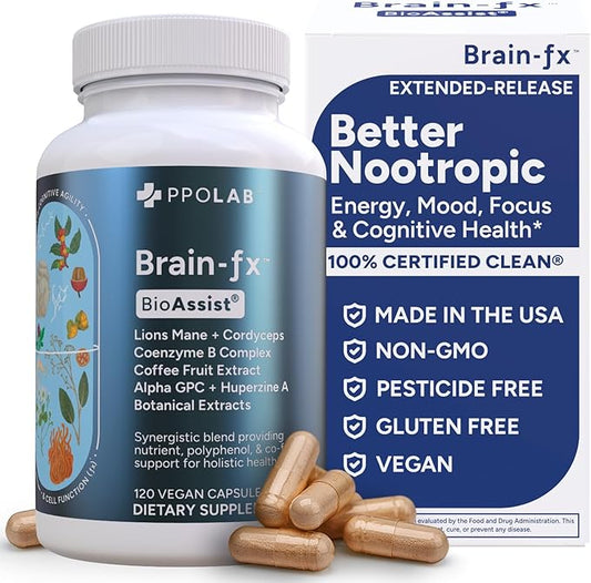 Brain-fx™ Focus Memory Nootropic Energy Brain Supplement, Lions Mane Extract, L Theanine, B Complex Methyl B12 5MTHF, Alpha GPC, Bacopa, Ginseng, Cordyceps, Huperzine A BDNF Factor, 120 Count