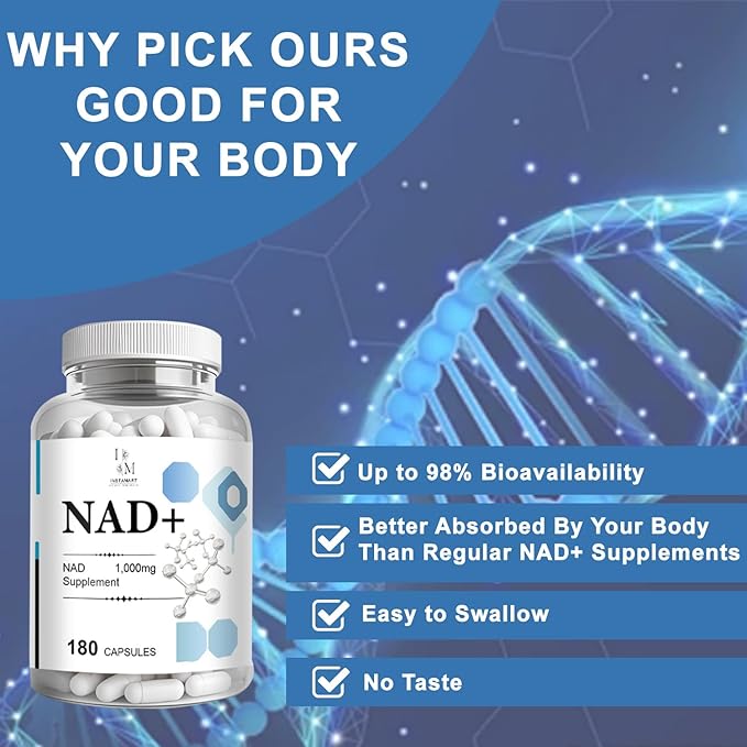 INSTAMART NAD+ Supplement 1000mg | Nicotinamide Riboside & Resveratrol | Nicotinamide NAD Supplement – 180 Veggie Capsules, Non GMO
