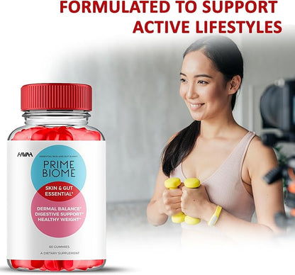 Prime Biome Gummies PrimeBiome Skin & Gut Support Gummy Formula, PrimeBiome Overall Health & Wellness Vitamin B12 B6 Folic Acid Support Supplement, Prime Biome Advanced Supplement Formula (60 Gummies)