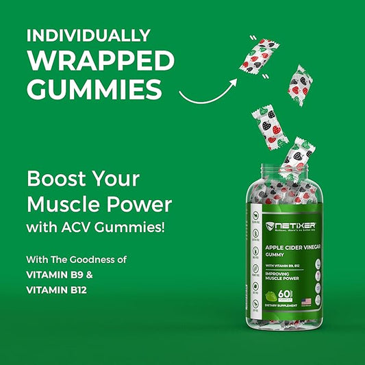 Apple Cider Vinegar Gummies with Vitamin B9 & B12 – 60 Vegan Gummies – Muscle Power Support, Digestive Health, Immunity Boost – Gelatin-Free, Gluten-Free, Soy-Free – Green Apple Flavor