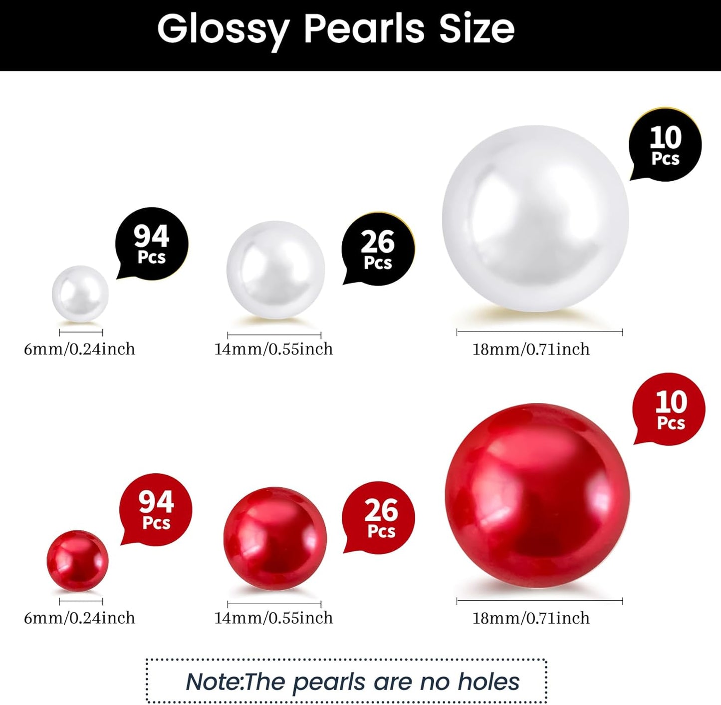 260Pcs Red&White Glossy Beads for Centerpiece Decor, Artifical Pearls Vase Filler, No Hole Round Pearl Beads for Wedding Birthday Christmas Party Home Decor(18mm 14mm 6mm)