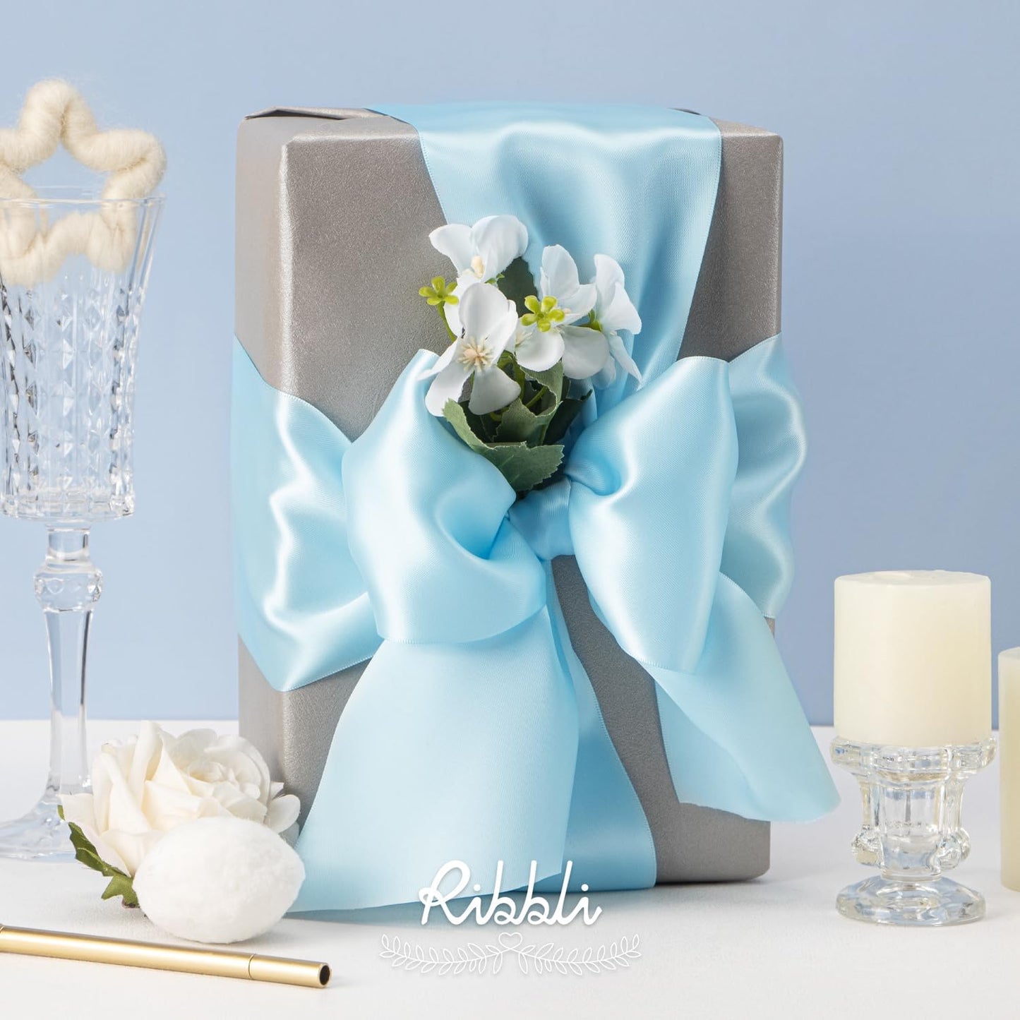 Ribbli Light Blue Satin Ribbon 4 Inch Wide Baby Blue Ribbon for Wedding Chair Sash Grand Opening Ceremony Big Bows Gift Wrapping Floral Crafts Cake Decor-Double Faced Satin Continuous 10 Yards