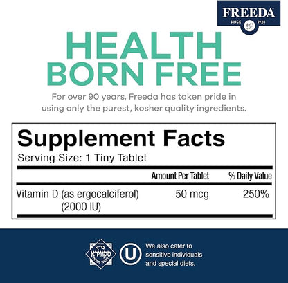 FREEDA Vitamin D2 2000 IU – Vegan Vitamin D for Bone Strength & Immune Support – Vegan Ergocalciferol D2 Supplement – 100 Tiny Tablets