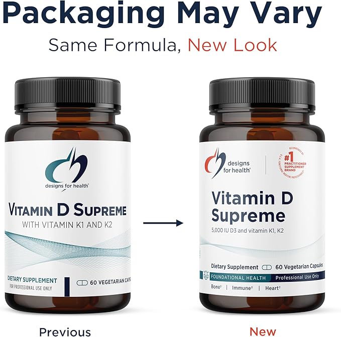 Designs for Health Vitamin D Supreme - Vitamin D 5000 IU with 2000mcg Vitamin K as MK4 for Bone Health, Heart Health & Immune Support - Vitamin D3 Enhanced with GG Supplement (60 Capsules)