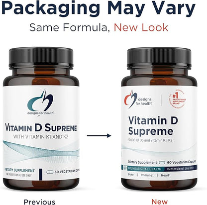 Designs for Health Vitamin D Supreme - Vitamin D 5000 IU with 2000mcg Vitamin K as MK4 for Bone Health, Heart Health & Immune Support - Vitamin D3 Enhanced with GG Supplement (60 Capsules)