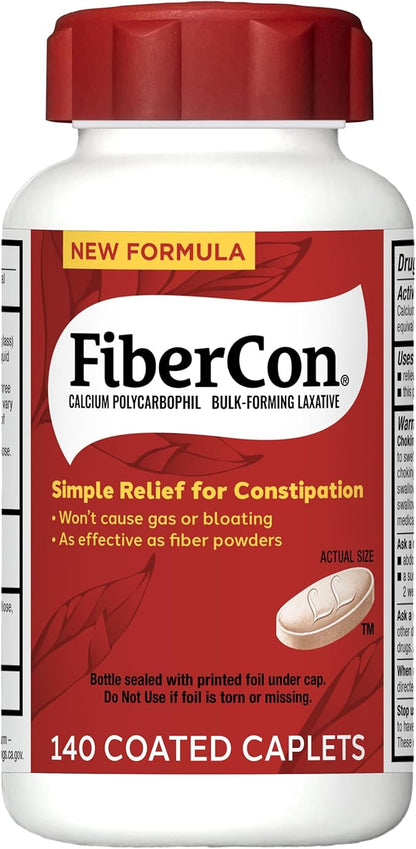 FiberCon Fiber Therapy Coated Caplets, Safe, Simple & Comfortable Insoluble Fiber for Bowel Irregularity, Comfortable Constipation Relief with No Gas or Bloating, 140 Caplets