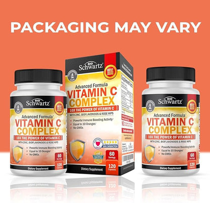 BioSchwartz Vitamin C Complex Supplement - Vitamin C 1000mg Capsules with Rose HIPS Zinc and Citrus Bioflavonoids for Immune Health, Cellular Energy, Collagen Production, 120 Count (60 Day Supply)