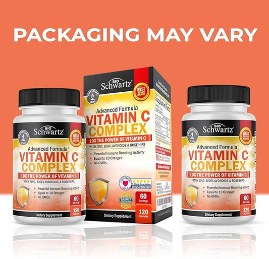 BioSchwartz Vitamin C Complex Supplement - Vitamin C 1000mg Capsules with Rose HIPS Zinc and Citrus Bioflavonoids for Immune Health, Cellular Energy, Collagen Production, 120 Count (60 Day Supply)
