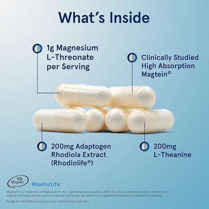 Jarrow Formulas Magnesium L-Threonate, MagMind Stress Resistance with L-Theanine and Rhodiolife, High Absorption Magnesium, Stress Relief and Mood Support, 60 Veggie Capsules, Up to a 30 Day Supply