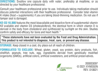 XYMOGEN K2-D3 10000 - Vitamin D3 K2 - Bioavailable Vitamin D 10,000 IU (Cholecalciferol) with MK-7 - Heart, Arterial, Bone Health + Immune Support Supplement (120 Capsules)