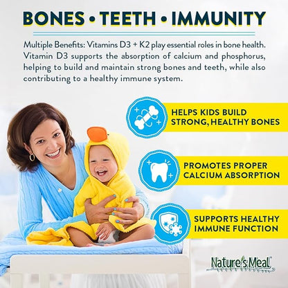Nature's Meal Vitamin D3 + K2 Drops MK-7 5 mcg, Liquid Vitamin D Drops for Infants 400 IU, Healthy Bones, Heart & Immune System, Sugar Free Supplement for Infants/Baby & Toddlers, 180 Servings