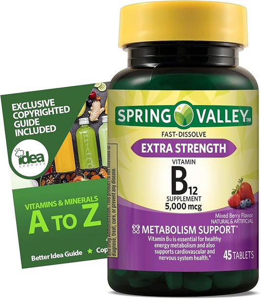 Vitamin B12 5000 mcg Fast Dissolve Tablets, 45 Count – Extra Strength for Energy & Metabolism Support – Natural Cherry Flavor, Gluten-Free – Sublingual Supplement + Better Idea Guide Included