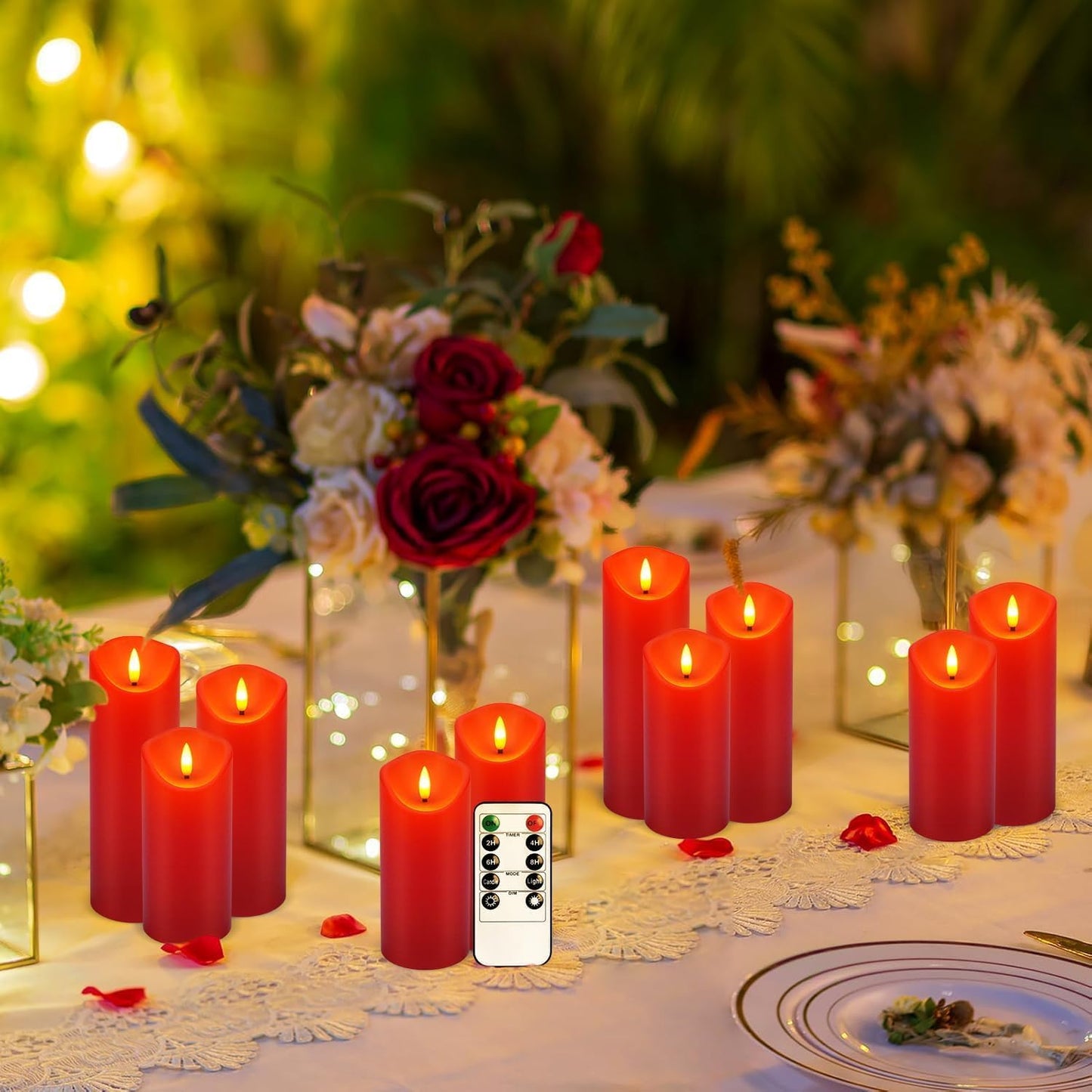24 Pack Christmas Decoration Flickering Flameless Candles,LED Candles Battery Operated Pillar Candles with Remote Control.for New Year, Home Decor, Parties,Wedding(D2.2 xH 5" 6" 7" Red)