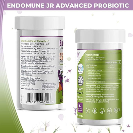 EndoMune Jr Advanced Kids Probiotic and Prebiotic | 10 Billion CFUs | 4 Strains Bacteria and FOS Prebiotic | Physician Formulated | 30 Chewable Tablets