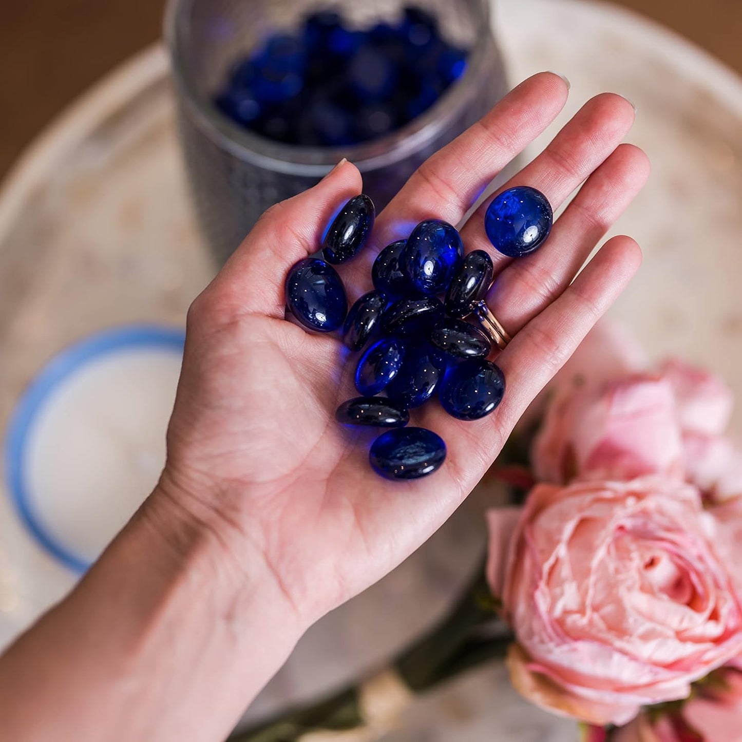 Galashield Flat Glass Marbles for Vases Cobalt Blue Glass Gems Beads Pebbles Vase Filler (1 LB, Approx. 105 PCS)