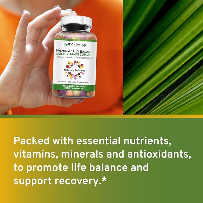 TRIO NUTRITION Daily Multivitamin Gummies for Men & Women - Natural Fruit Flavor with Essential Vitamins A, B, C, D, E & Zinc - Gluten-Free Immune Support & Energy Boost Supplement