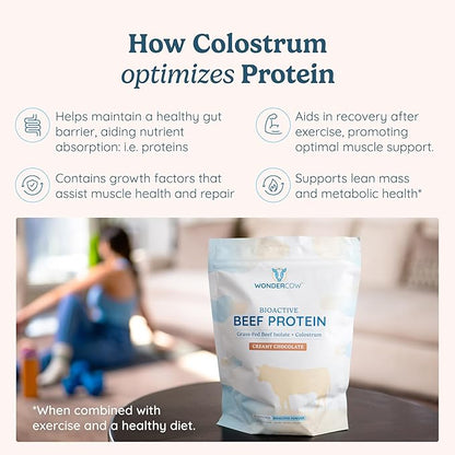 Beef Protein Isolate Powder w/Bovine Colostrum Supplement | Clean, 100% Grass Fed, Carnivore, Keto Friendly | Gluten Free | Helps Build Lean Muscle | 20g of Protein, 30 Servings, Chocolate
