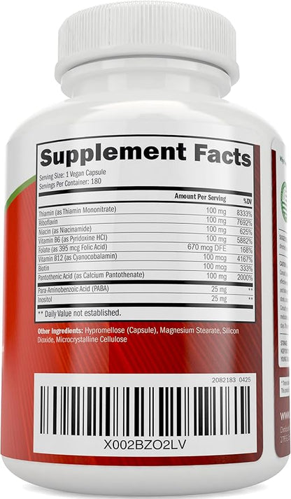 Vitamin B Complex - 8 Super B Complex Vitamins with Choline & Inositol, Vitamins B1, B2, B3, B5, B6, B8, B9 & B12 - B100 Complex - 180 Vegan Capsules - 6 Month Supply - Made in The USA