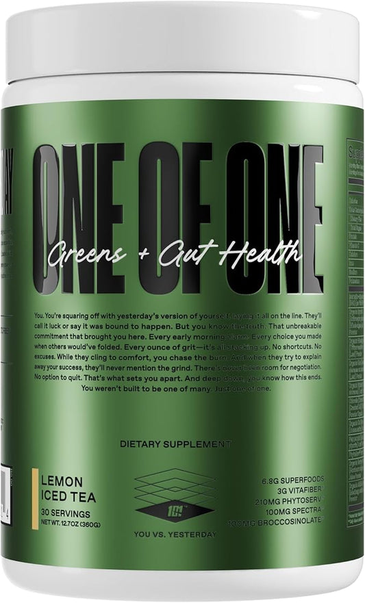 ONE OF ONE Greens & Gut Health – Superfood Greens Powder with Prebiotics, Probiotics & Digestive Enzymes for Gut Health, Immunity & Energy, No Artificial Sweeteners - Lemon Iced Tea, 30 Serving