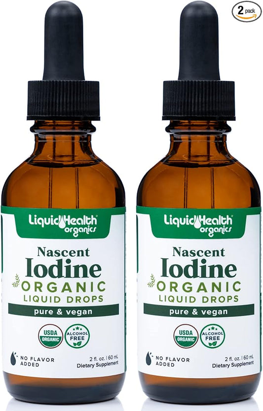 LIQUIDHEALTH USDA Organic Nascent Iodine Liquid Drops, Pure Iodine Supplement for Thyroid & Immune Support, Energy Supplement - Made in USA, Vegan, Colorless, Tasteless Tincture (2 Pack)