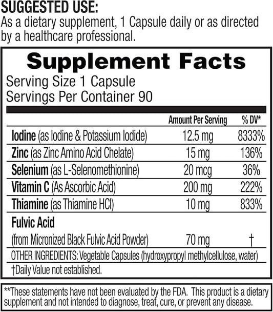 Dr. Tennant's Iodine Supplement Plus | Lugol's Iodine & Potassium Iodide with Essential Co-Factors Selenium, Zinc & Fulvic Acid | Supports Thyroid & Breast Health | 90 Capsules