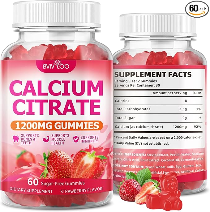 High Absorption Calcium Citrate Gummies 1200mg - Bone & Teeth Support for Adults & Kids, Vegan Sugar-Free Gummies, Strawberry Flavor, 60 Count