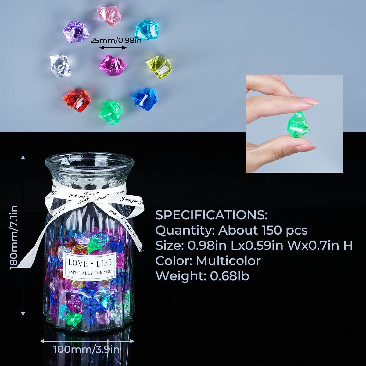 Acrylic Crushed Ice Rocks, Babenest 150 PCS Fake Crystals Plastic Ice Cubes Diamonds Gems for Vase Fillers, Home Decoration, Table Scatter, Event, Wedding, Arts & Crafts (Multicolor)