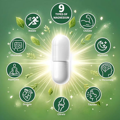 Magnesium Supplement with 9 Forms of High Absorption Magnesium Glycinate, L-threonate, Citrate, Malate and More for Muscle, Brain Support, Non-GMO, Gluten & Soy Free, 60 Capsules