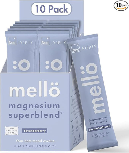 mellö Magnesium Supplement Superblend Powder - Magnesium Glycinate with L-Theanine, GABA, and Trace Minerals - Supports Sleep, Relaxation, and Balanced Energy - Lavenderberry Flavor, 10-Pack, Singles